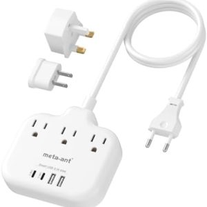 European Travel Plug Adapter, US to European Plug Adapter with 3 American Outlets & 4 USB, 3ft European Power Cord, International Travel Power Strip, Type C for Europe EU Germany France, Travel, White