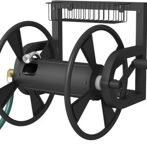 Garden Wall Mounted Hose Reel, Outdoor Heavy-Duty Water Hose Holder Winder, Holds 125 Feet of 5/8-Inch Hose, with 3.9 ft Leader Hose, Brass Fitting and Storage Basket for Yard, Black